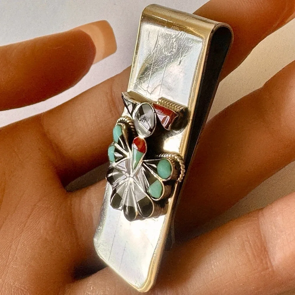 Turquoise Thunderbird Money Clip Silver 2in Mens Gift Signed Nastacio Zuni Inlay